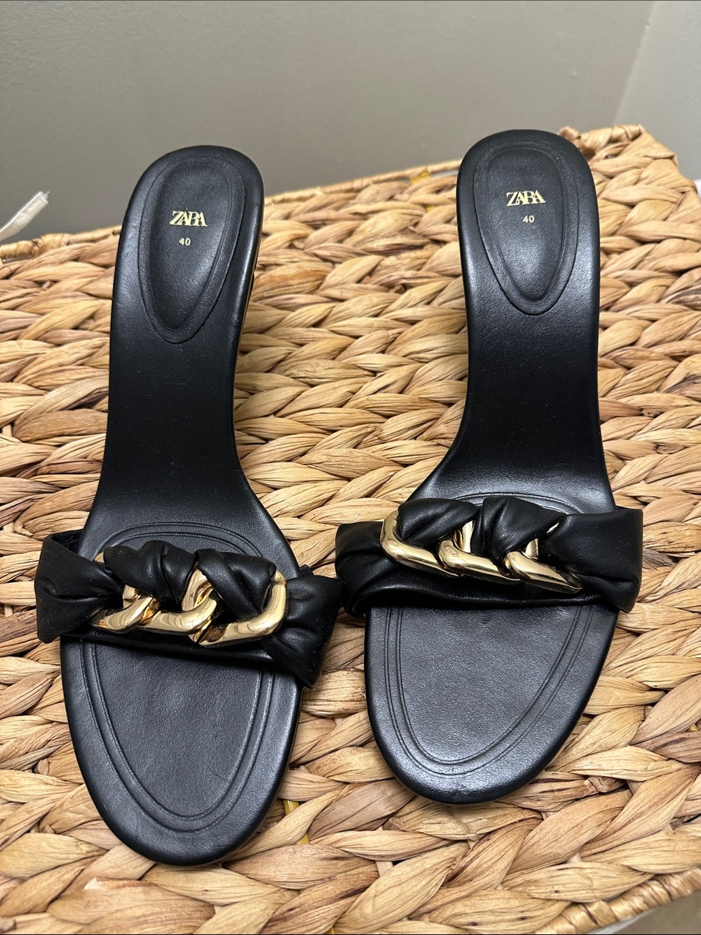 Zara Black Slide Mules with Gold Chain Detail